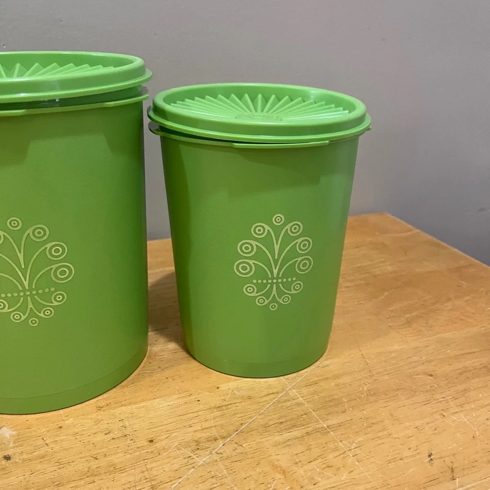 Vtg Tupperware Servalier Canister Set 4pc Lime Green Sunburst Lids 70s Retro MCM